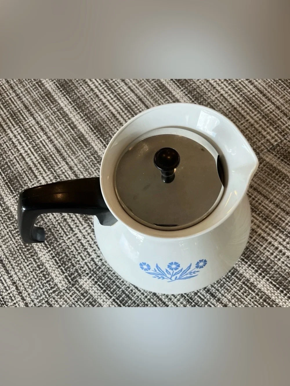 Corningware White Coffee Percolator with Blue Floral Motif and Black Handle